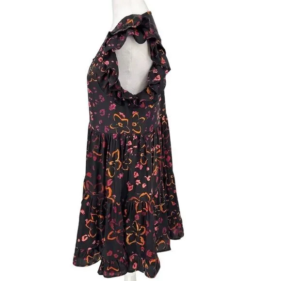 Entro Women's Ruffle Sleeve Floral Dress Black M Tiered Boho Mini Lined - Picture 4 of 13
